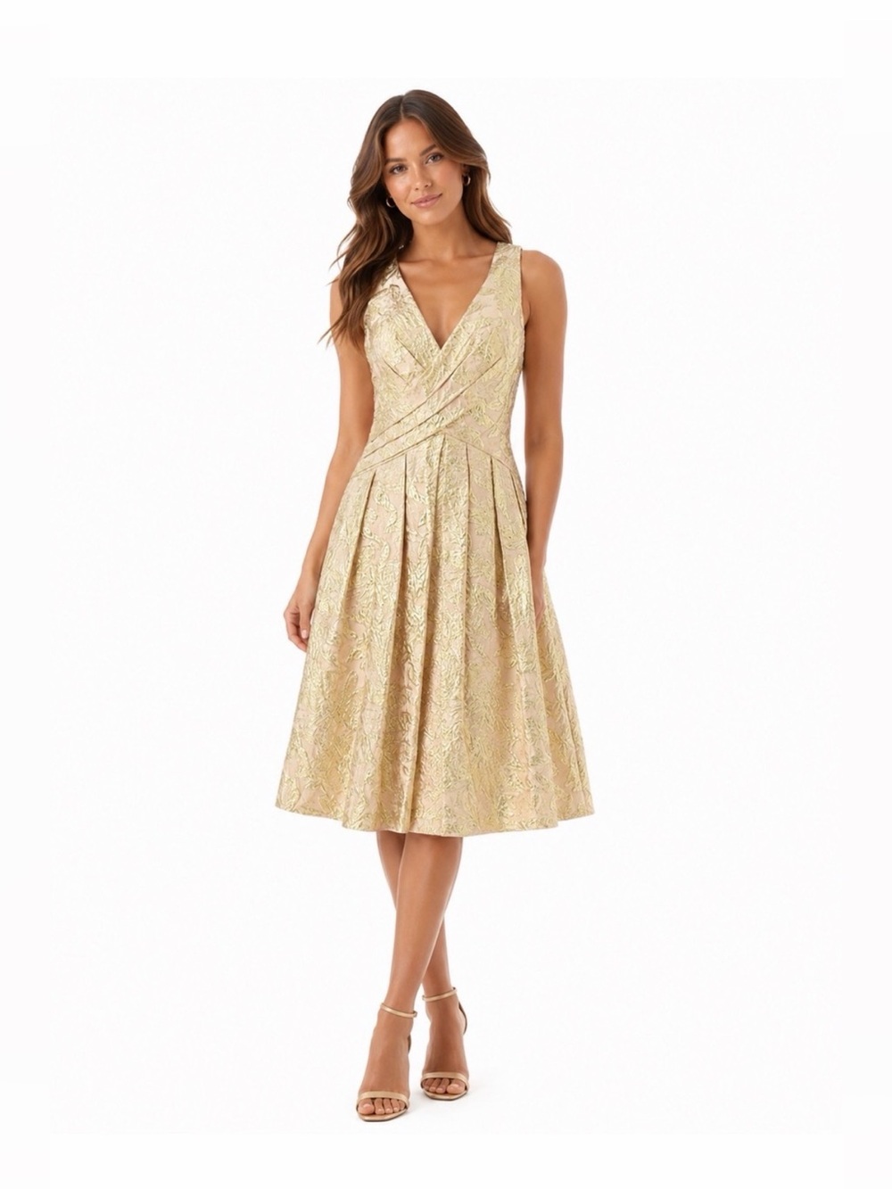 Pamella Roland Metallic Jacquard Sleeveless Midi Cocktail Dress Gold Size 12